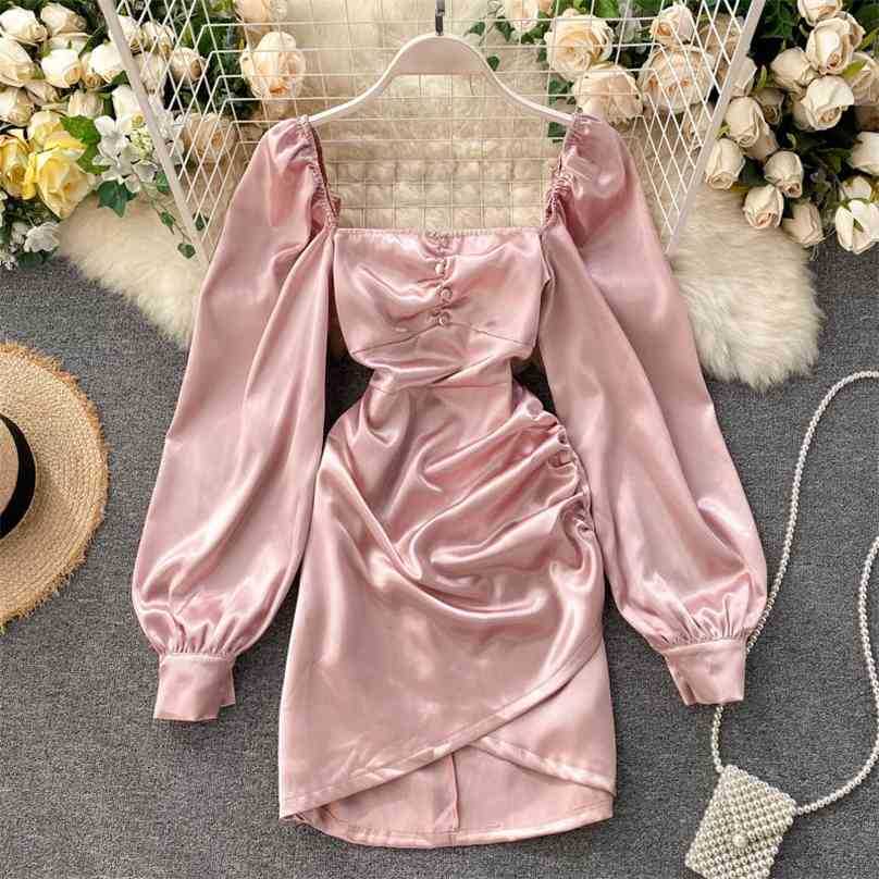 

Elegant Women Satin Dress Spring Autumn Vintage Square Collar Ruffles Bodycon es Ladies Sexy Short Vestidos 210525, White