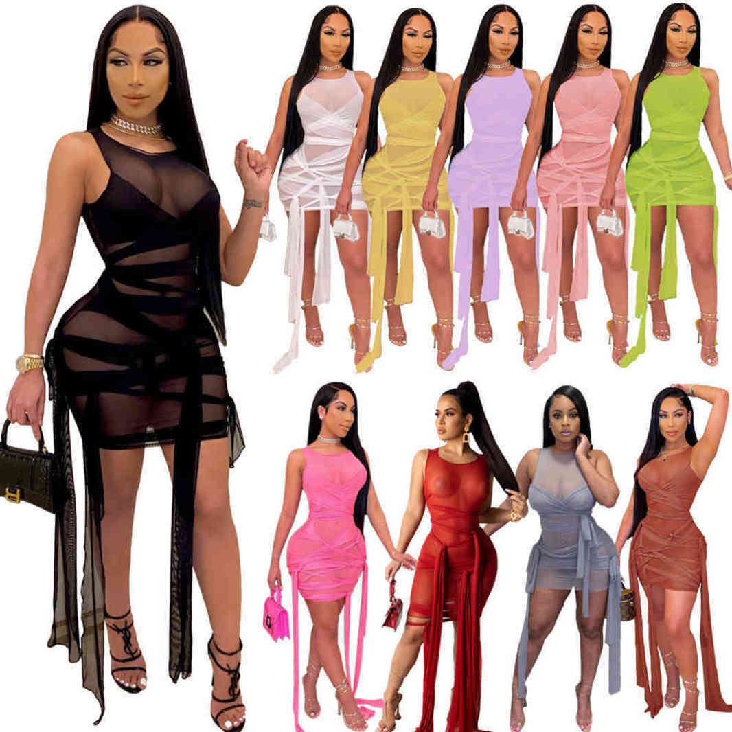 

Women Casual Dresses Mesh Perspective Bandage Sleeveless Sexy Party Dress Elgant Summer Bodycon Club Wear, Grass green