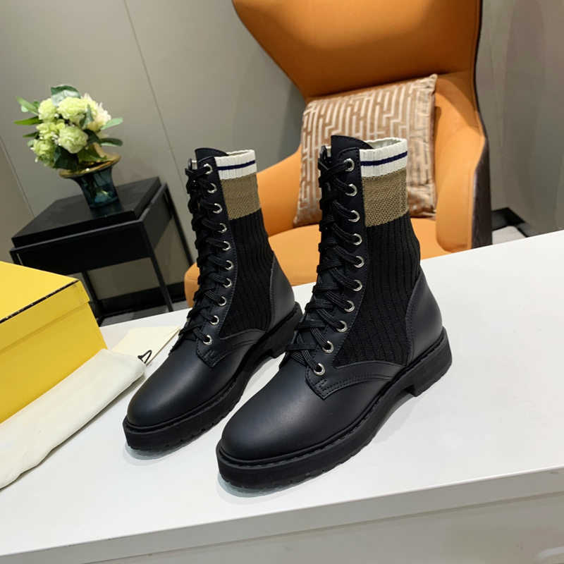 

Women Designer Boots high quality Black Leather Knitted Stretch Boot fashion Luxury Casual Shoes cowboy boots