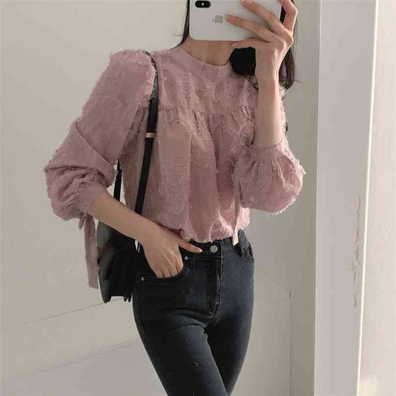 

Gentle Office Lady Streetwear Stand Chic Lace-Up High Waist Solid Tops All Match Slim Women Stylish Shirts 210525, Pink