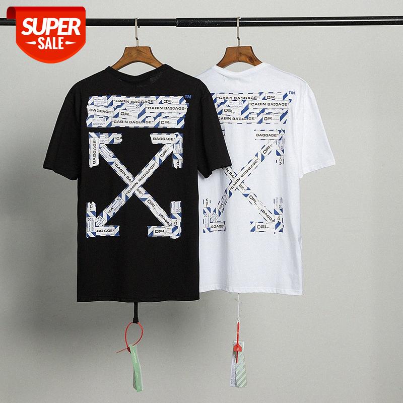 

European and American fashion brand off black white cordon printed round neck OW short-sleeved T-shirt #VB8G, White;black