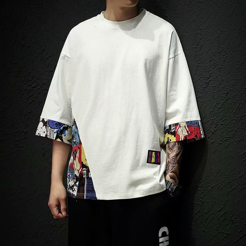 

t shirt 7 / 3 sleeve men's street short chinese style summer loose large size little fat brother top, White;black