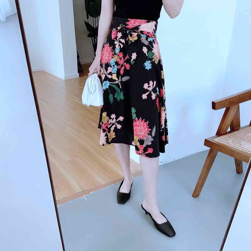 

Summer Women High Waist Flowers Skirt Knee Length With Sash Bow Elegant Vacation Beach XZ2334 210525, Black