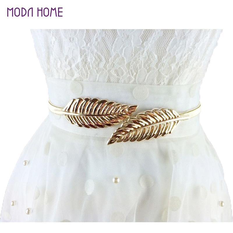 

Belts 78cm 70cm Vintage Women Waistband Leaves Design Metal Waist Belt Skinny Elastic Cinturon Ceinture Femme Gold Silver Cummerbund