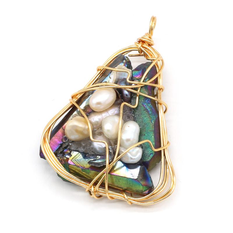 

Charms Freshwater Pearl Pendant Copper Wire Winding Stone For DIY Jewelry Making Earrings Necklace Bracelet 30x45mm, Bronze;silver