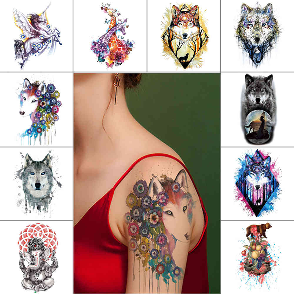 

Wolf waterproof fake Horse bear panda watercolor Temporary Body Tattoo Sticker Animal tattoo for men women 210*148mm