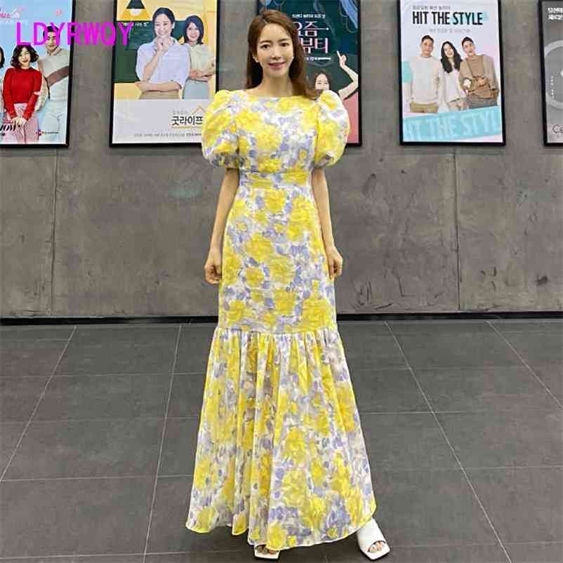 

LDYRWQY Korean style fashion temperament slim-fit lantern sleeve printed fishtail dress 210603, Yellow