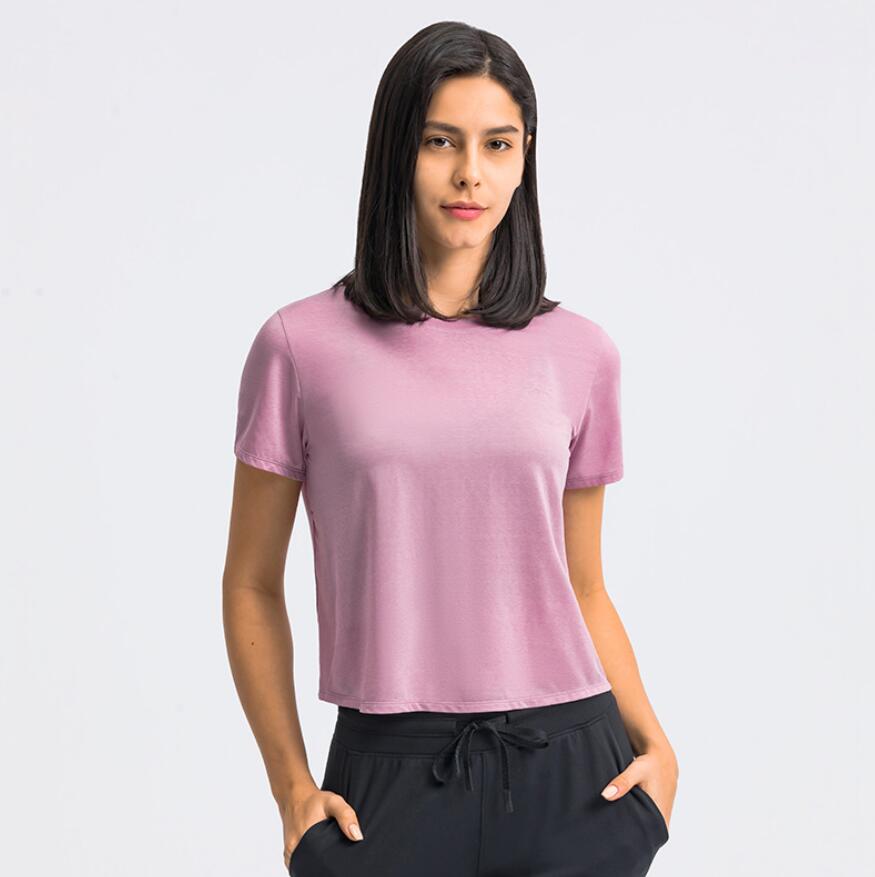 

Loose Fit Quick Dry Yoga Short-sleeved Tops Women T-shirt Training Rnning Gym Moisture Absorption Solid Color Fitness T Shirt Tee, Fen mo purple