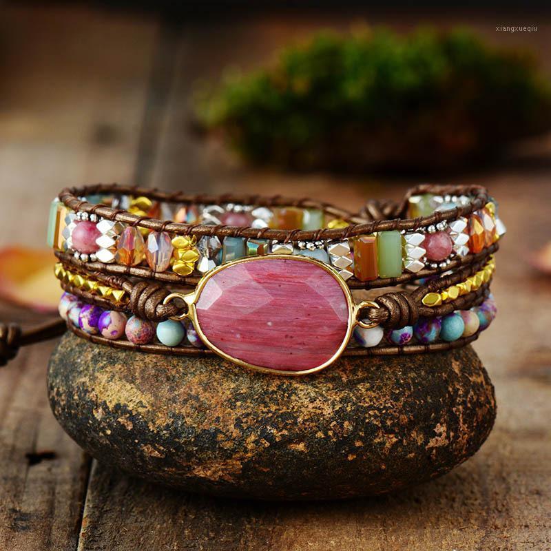 

Beaded, Strands Leather Wrap Bracelet Handmade Natural Stone Weaving Bohemia Beads 3 Layers Yoga Friendship Gifts Drop, Black