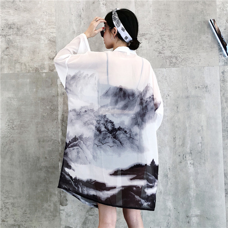 

chinese style digital print loose sun protection clothing kimono cardigan sun shirt women outerwear tops womens (B1849), White