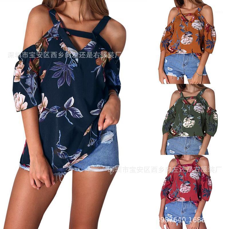 

European And American Printed Short-sleeved Strapless V-neck Sling Casual Women' Shirt Blouse Women Regular Office Lady Blouses & Shirts, Green