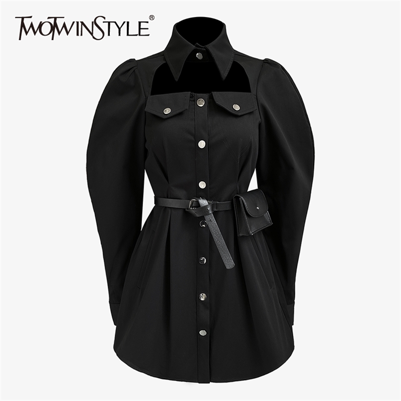 

Casual Black Shirt Dress For Women Lapel Long Sleeve High Waist Pocket Mini Dresses Female Fashion Clothing 210520
