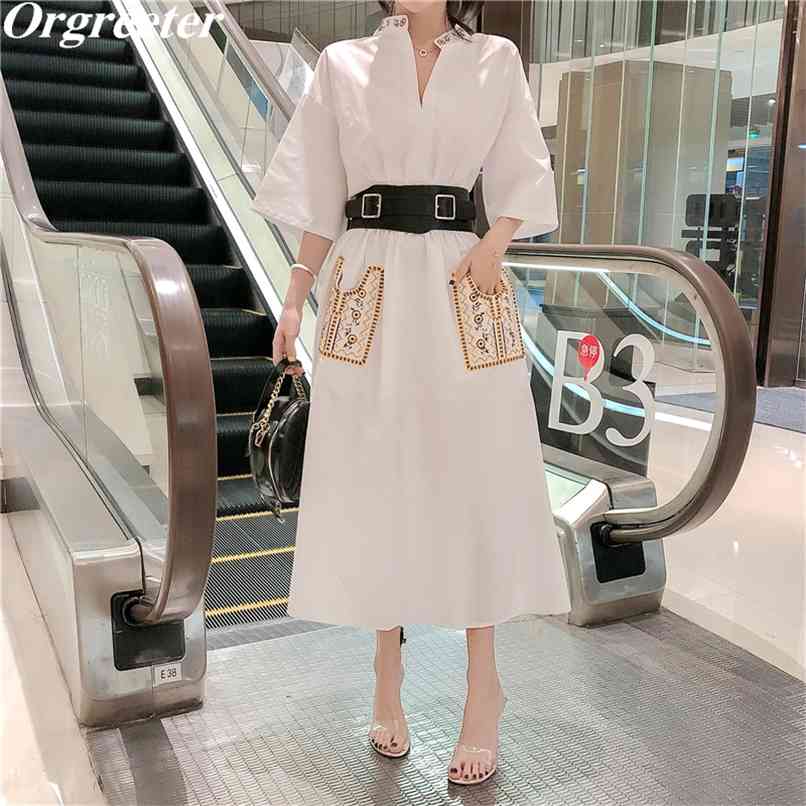 

Retro Ethnic style Floral Embroidery White Shirt Dress for Women Summer Short Sleeve Double pocket PU Belt Deco 210602