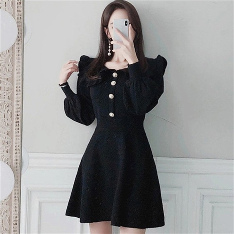 

Winter Clothes Women Single Breasted A-Line Dresses for Woman Lace Knitted Casual Slim Korean Style Dress 210603, Picture color