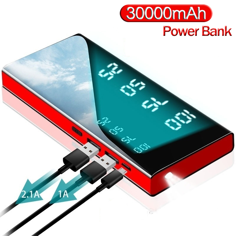 

30000mAh Power Bank Mirror Screen Portable Powerbank Led Flashlight LCD Digital Display Fast Charging External Battery Charger Cell Phone Power Banks