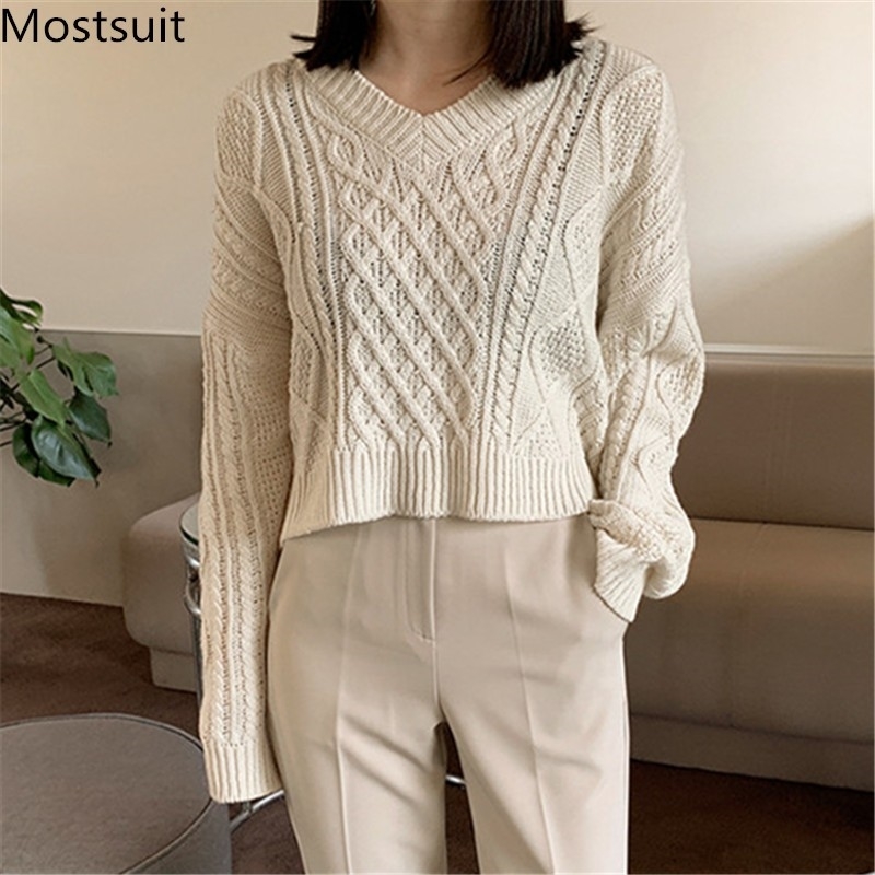 

Autumn Twisted Knitted Korean Short Sweaters Tops Women Long Sleeve V-neck Solid Fashion Loose Vintage Pullovers 210518, Grey