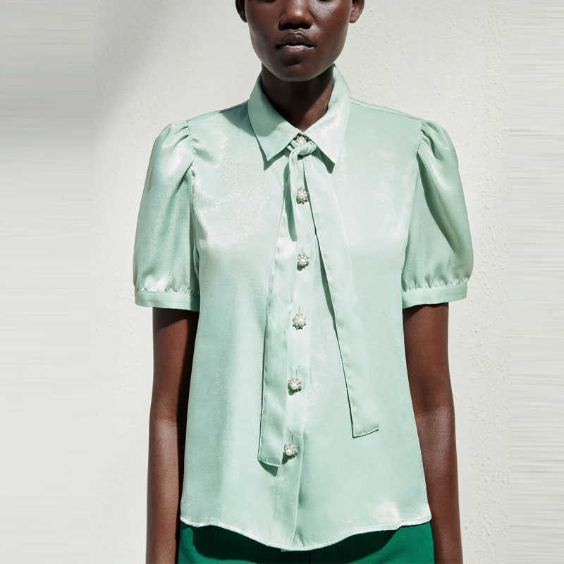 

ZA Summer Jewel Button Women Blouse Short Puff Sleeve Bow Tied Vintage Green Shirt Woman Fashion Ruching Fit Tops 210602