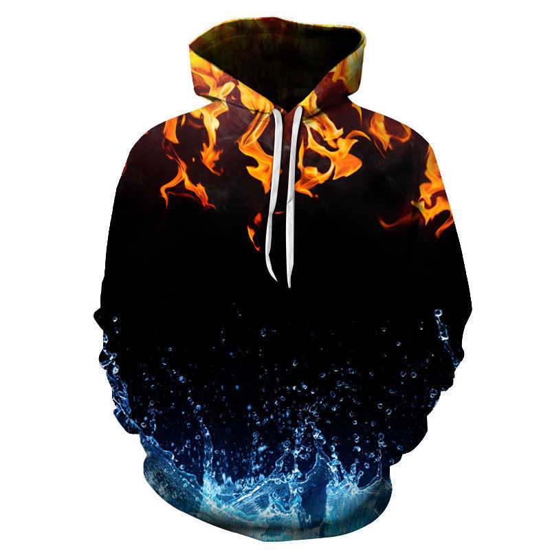 

Fashion trend youth Hoodie water fire digital printing 3D sweater men, Black