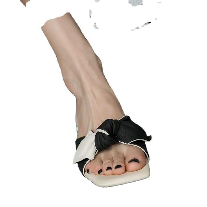 

Slippers 2021 Summer Fashion Korean Version Of Square Toe Open Color Matching Bow Low Heel Slipper, Green