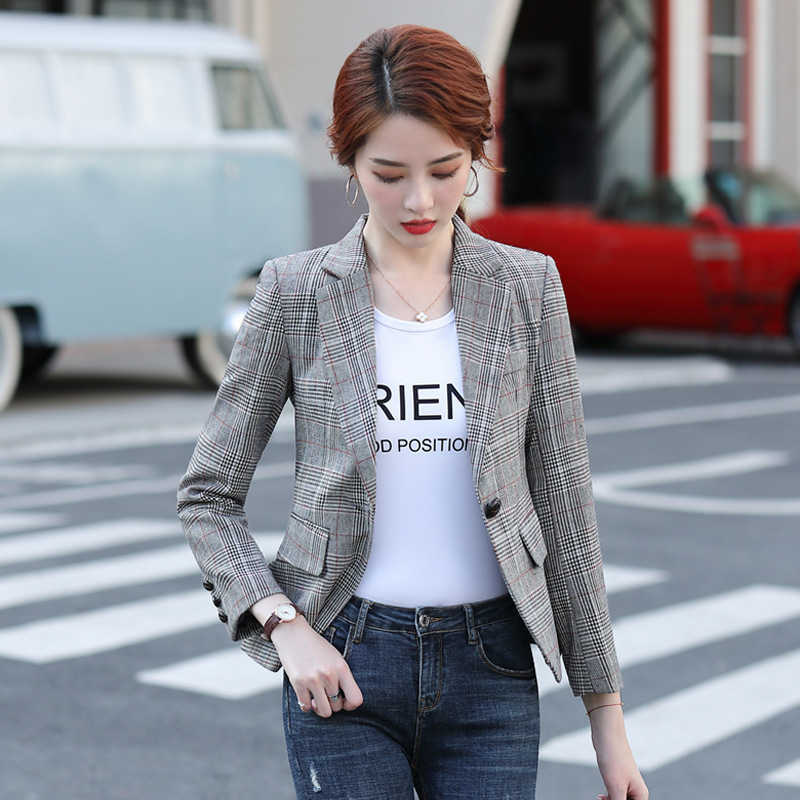 

Fashion women's slim fit plaid suit jacket Korean version of the autumn casual ladies blazer Elegant office 210527