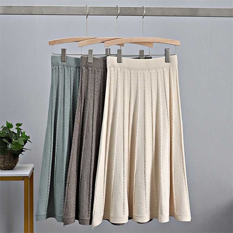 

GIGOGOU Thick Warm Women Pleated Skirts Elastic High Waist Knitted Sweater Autumn Winter Long A Line Midi Black Skirt 211109, Coffee mk9088