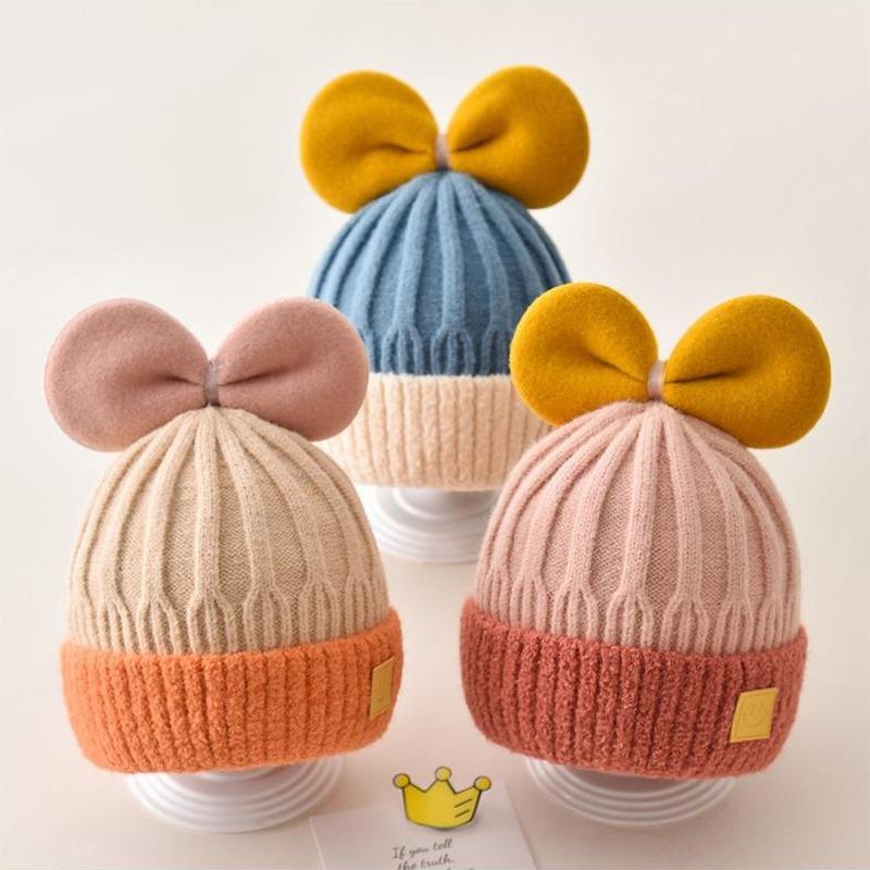 

Berets Autumn And Winter Baby Hat Bow Woolen Cap Boys Girls Warm Earflaps Hats For Children Bonnets Beanies, Winter babt hats-2