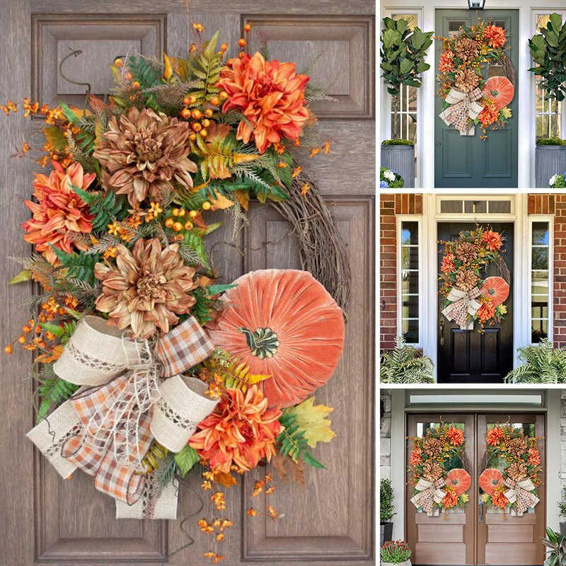 

Halloween Decor Door Wreath Autumn Fall Pumpkin Garland Rustic Grapevine Front Door Decoration for Home Garden Farmhouse H1020