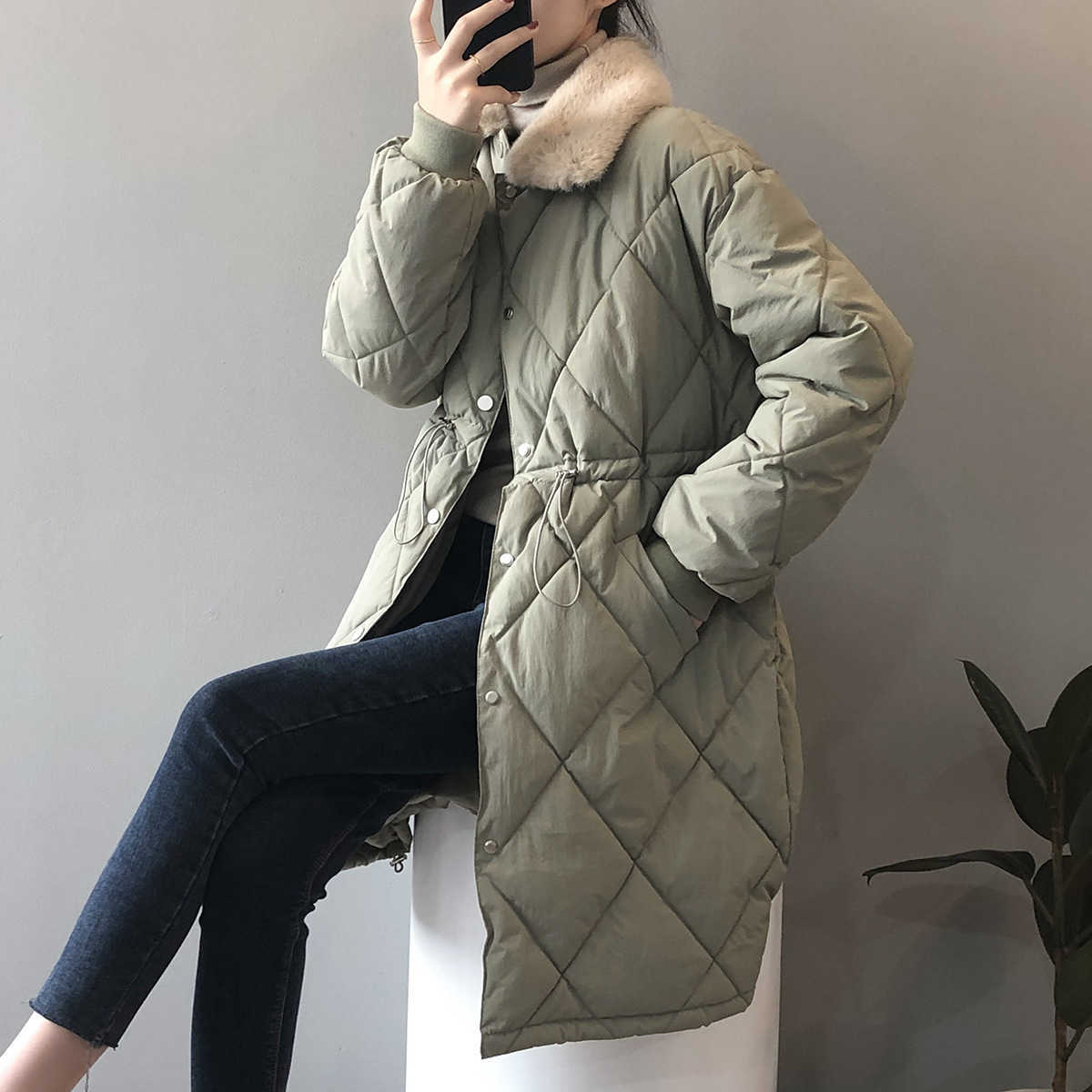 

Woollen Collar Down Cotton Coat Women Winter Korean Loose Long Thickened Over Knee Bread Parkas Jackets 210607, Beige