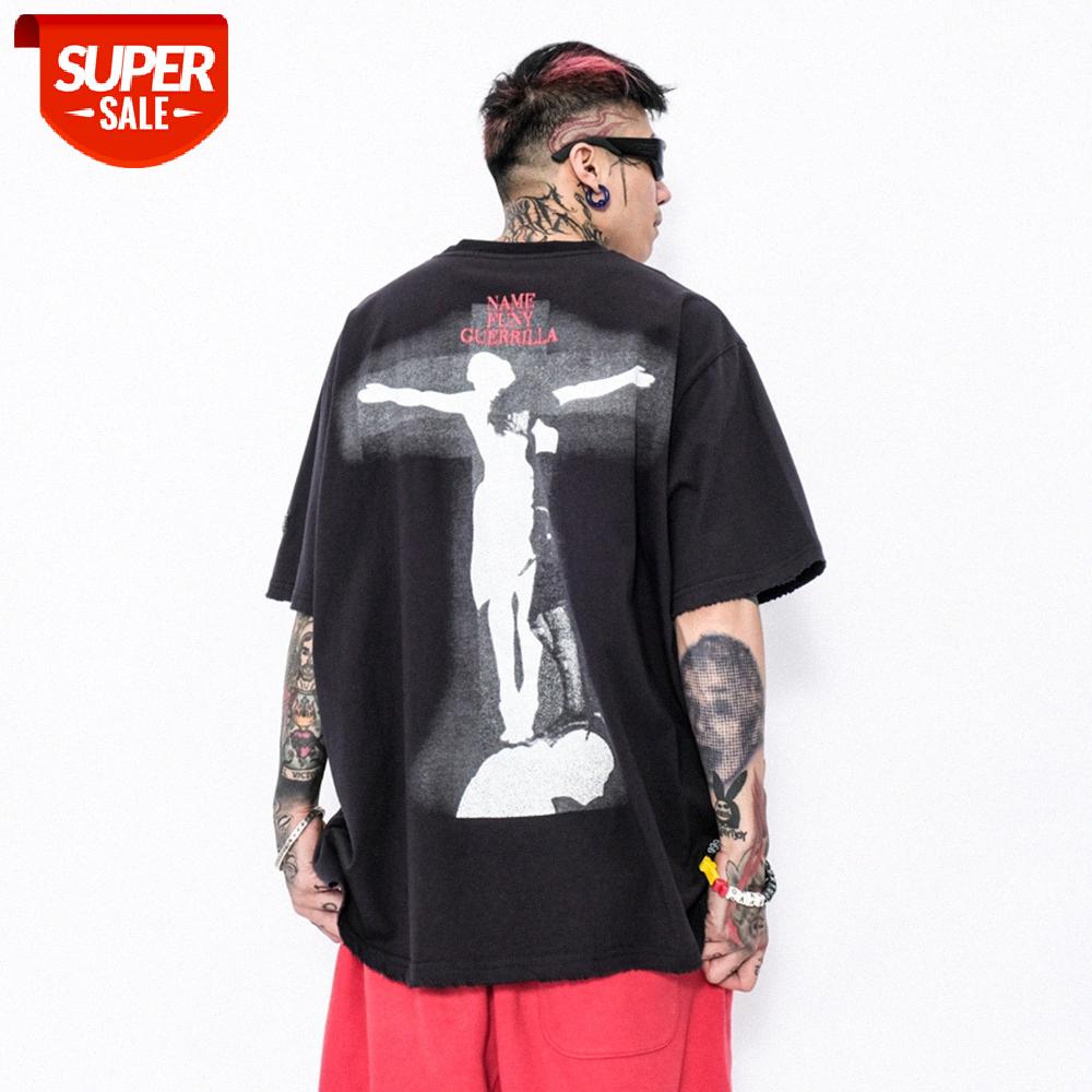 

Dark wind silhouette print short-sleeved T-shirt men's American loose half-sleeved bf lazy round neck five-point sleeves #gf1k, White;black