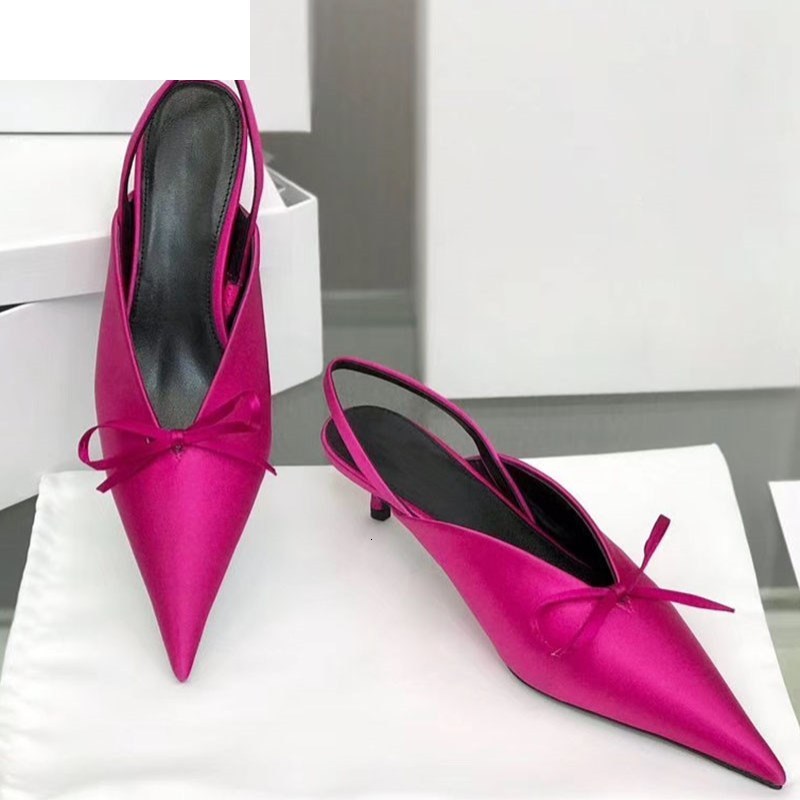 

Sandals Silk satin kitten heel shoes women pointed toe lazy loafers runway designer bowties knot sandals candy color slingback pum, Silver silk