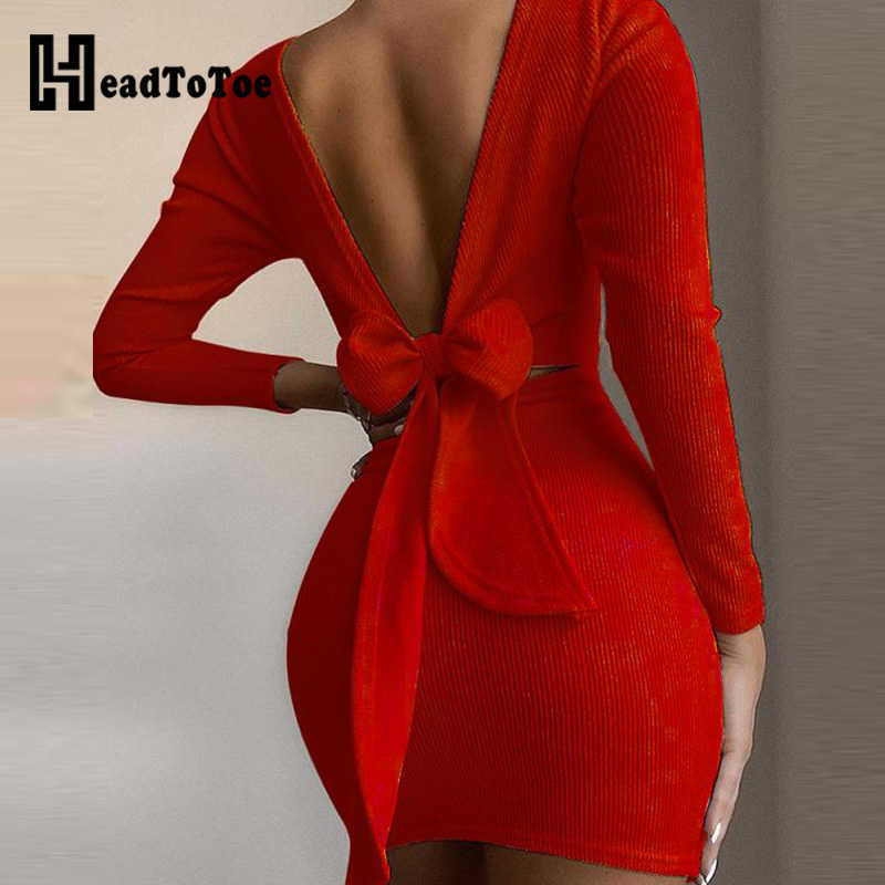 

Open Back Knotted Long Sleeve Bodycon Dress Women Solid Low Cut Mini Party Dress Y0603, Black