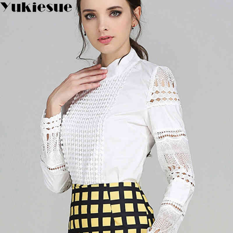 

women blusas lace long sleeve blouses shirts women tops cotton white OL office formal causal blusa chemise femme Plus size 210519