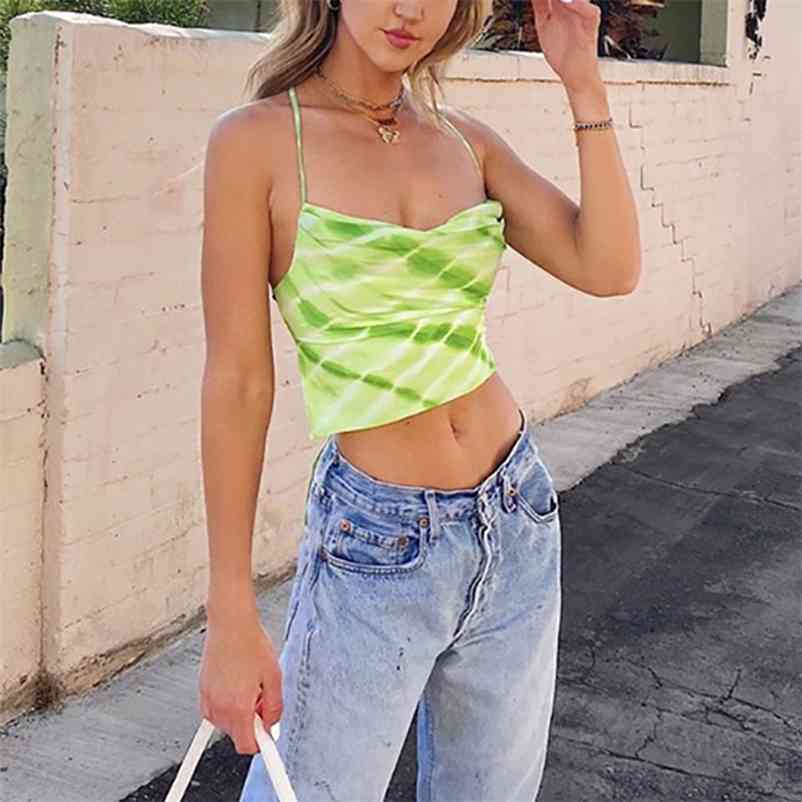 

Women Croptops Sleeveless Tie Dye Backless Bandaged Sexy Crop Tops Summer Fashion Streetwear Outfits Camis Tank 210519, Green