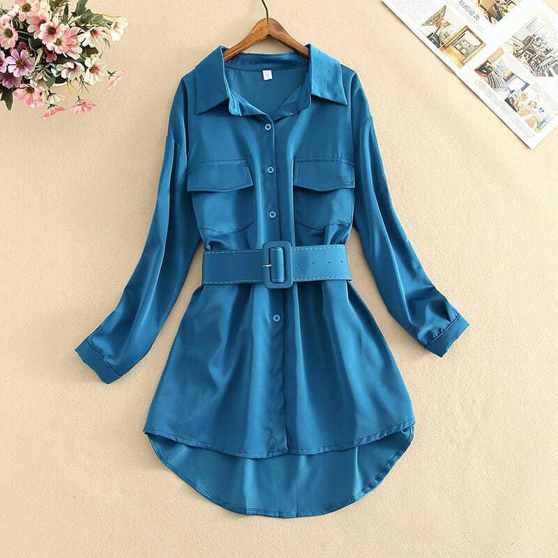 

Women's Blouses & Shirts Spring Autumn High Street Solid Casual Ladies Tops Long Sleeve Chiffon Button Up Turn-down Collar Sashes Shirt Plus, Dark grey