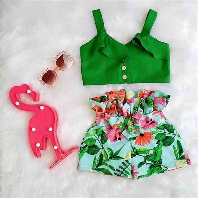 

Summer Toddler Baby Girl Floral Ruffle Vest Crop Tops Floral Print Bandage Shorts 2pcs Outfits Set Clothes 1-6y Dropshipping, White