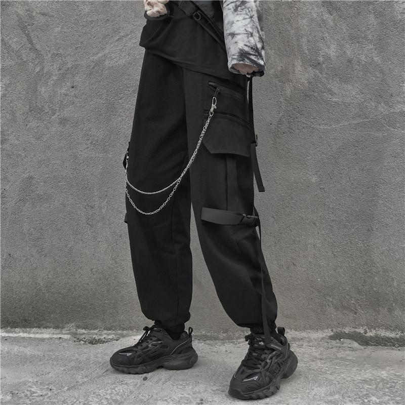 

Women's Pants & Capris Elastic High Waist Cargo Ribbon Belt Pocket Chain Punk Jogger Streetwear Hip Hop Pant Women Man Harajuku Harem Korean, Only chain