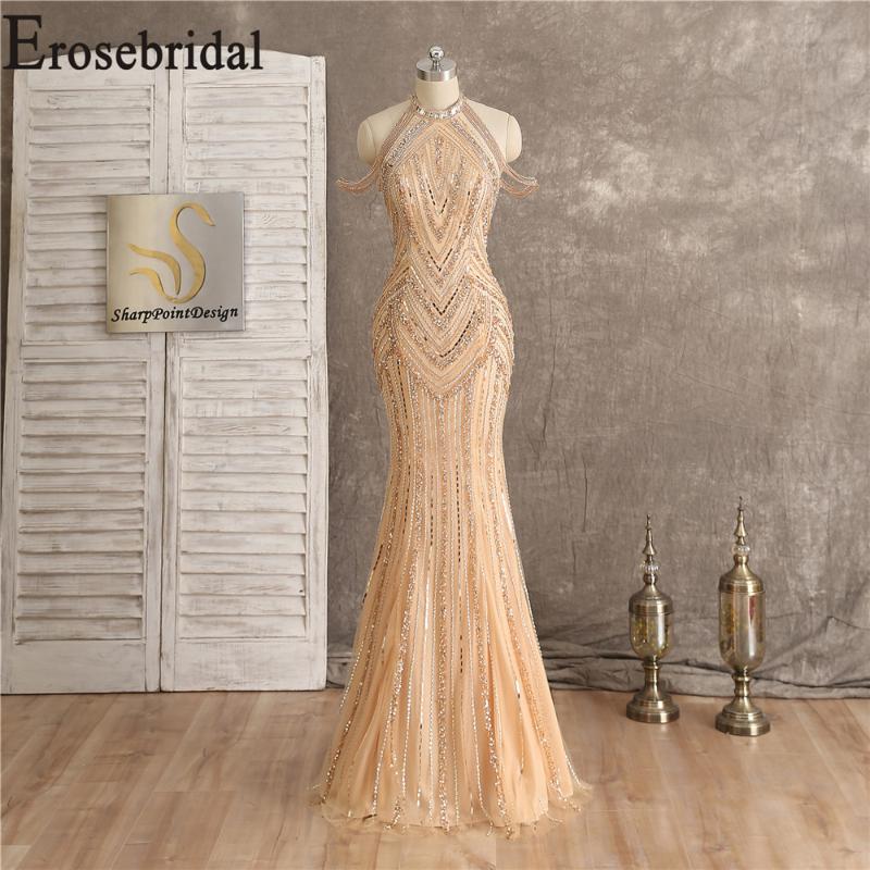

Evening Dresses Gold Luxury Dress 2021 Formal Gown With Off Shoulder Elegant High Collar Train, Black;red