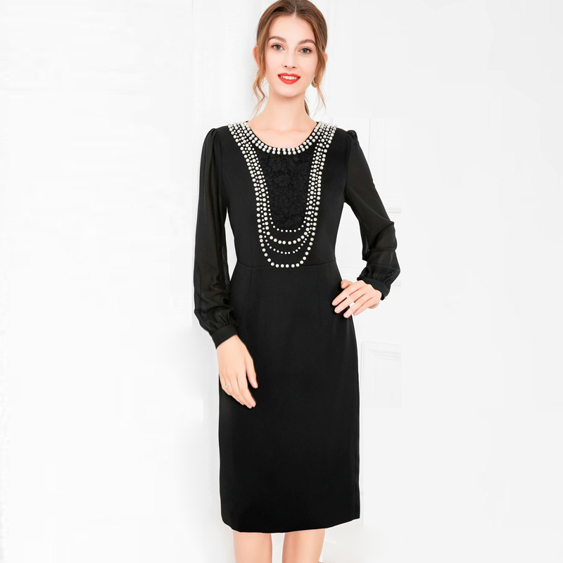 

Women' Dresses O Neck Long Lantern Sleeves Embroidery Beaded Fashion Pencil Dress Vestidos, Black