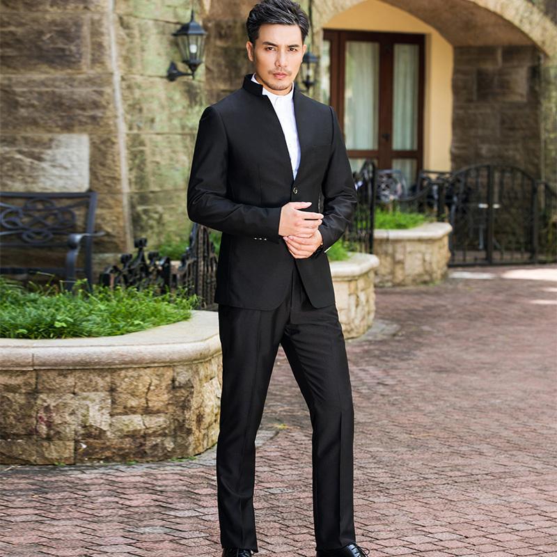 

Men's Suits & Blazers Classic Collar Chinese Tunic Men Suit Set Latest Coat Pant Designs Groom Costume Made Plus Size (Jacket+Pant), Black