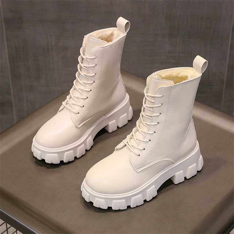

Women's Ankle Boots Pu Leather Winter Autumn Warm Plush Ladies Shoes Lace Up Female Fashion Platfrom Short Boot Woman Botas 211105, Beige without plush