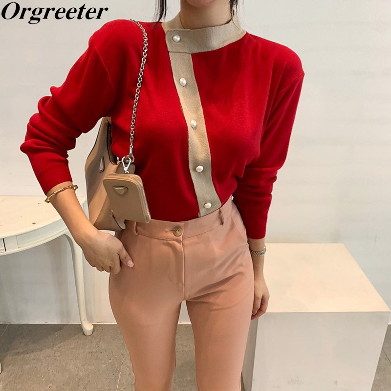 

Korean Fashion Chic Contrasting beveled button Women' Knitted Cardigan Women Spring Fall Tops 210525, Black