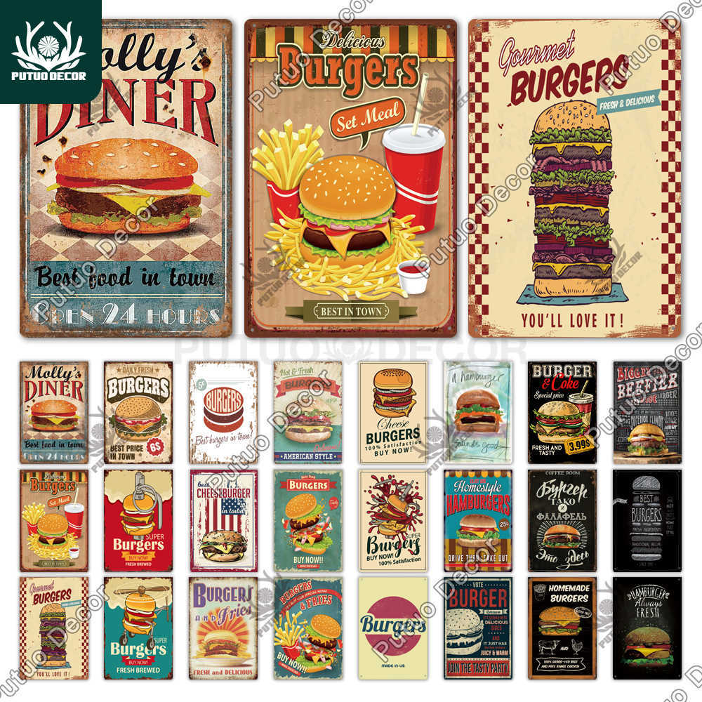 

Hamburger Fast Food Plaque Metal Vintage Hamburger Tin Sign Restaurant Wall Decor for Kitchen Cafe Diner Bar Burger Metal Signs