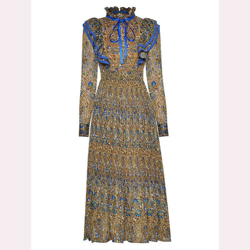 

HIGH QUALITY est Fashion Vintage Printed With Straight Collar Long Sleeve Ruffled Pleated Dress 210526, Blue