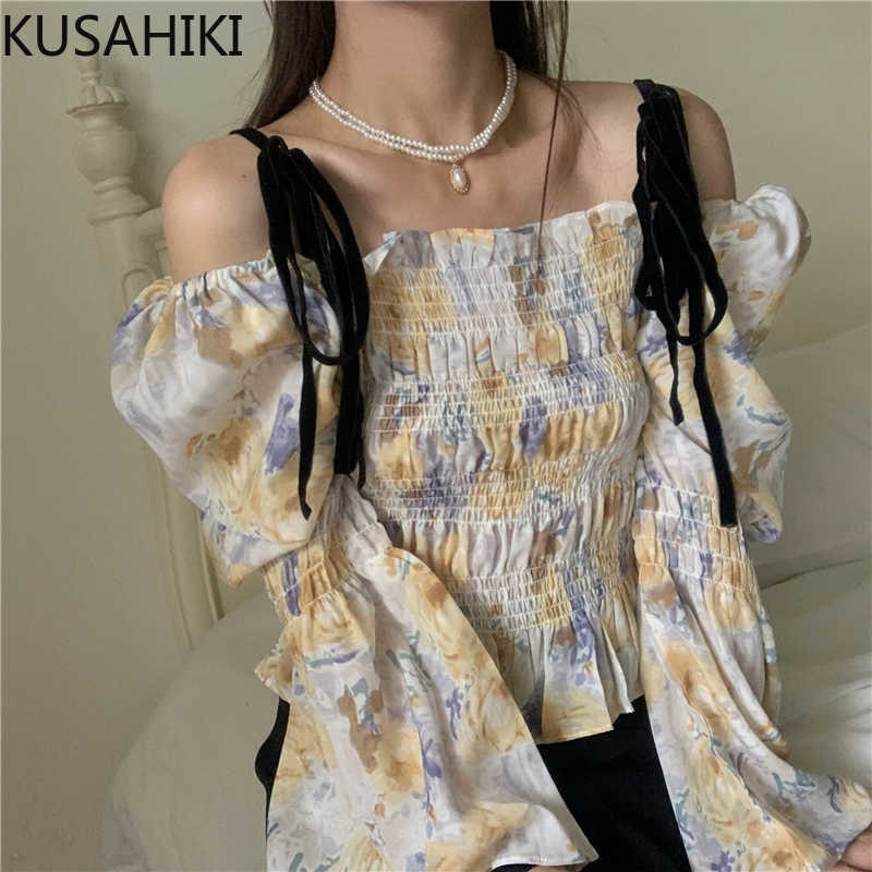 

KUSAHIKI Chiffon Printing Womens Tops Pleated Stretch Slim Short Shirts Korean Bow Tie Sexy Strapless Puff Sleeve Blouse 6H302 210602, Photo color