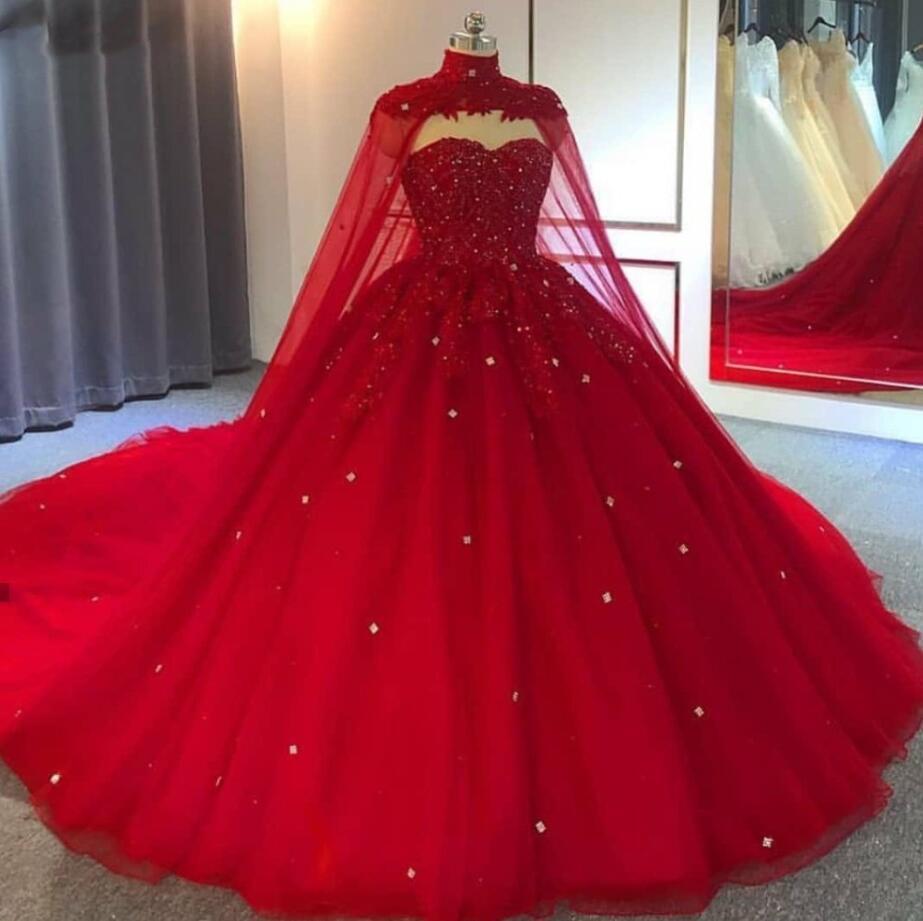 

Puffy Ball Gown Wedding Dresses Long Cape Sold Separately Red Tulle Beaded Lace Party Dress Cinderella Gowns
