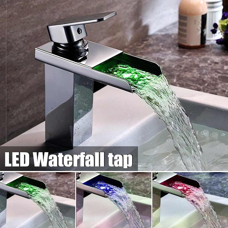 

Bathroom Sink Faucets Mixer Tap Glass Waterfall Bathtub 3 Color LED Basin Modern Faucet Cold And Deck Mounted