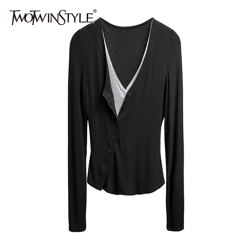 

Hit Color Fake Two Sweater For Women V Neck Long Sleeve Patchwork Knitted Cardigans Female Autumn Fashion 210524, Black