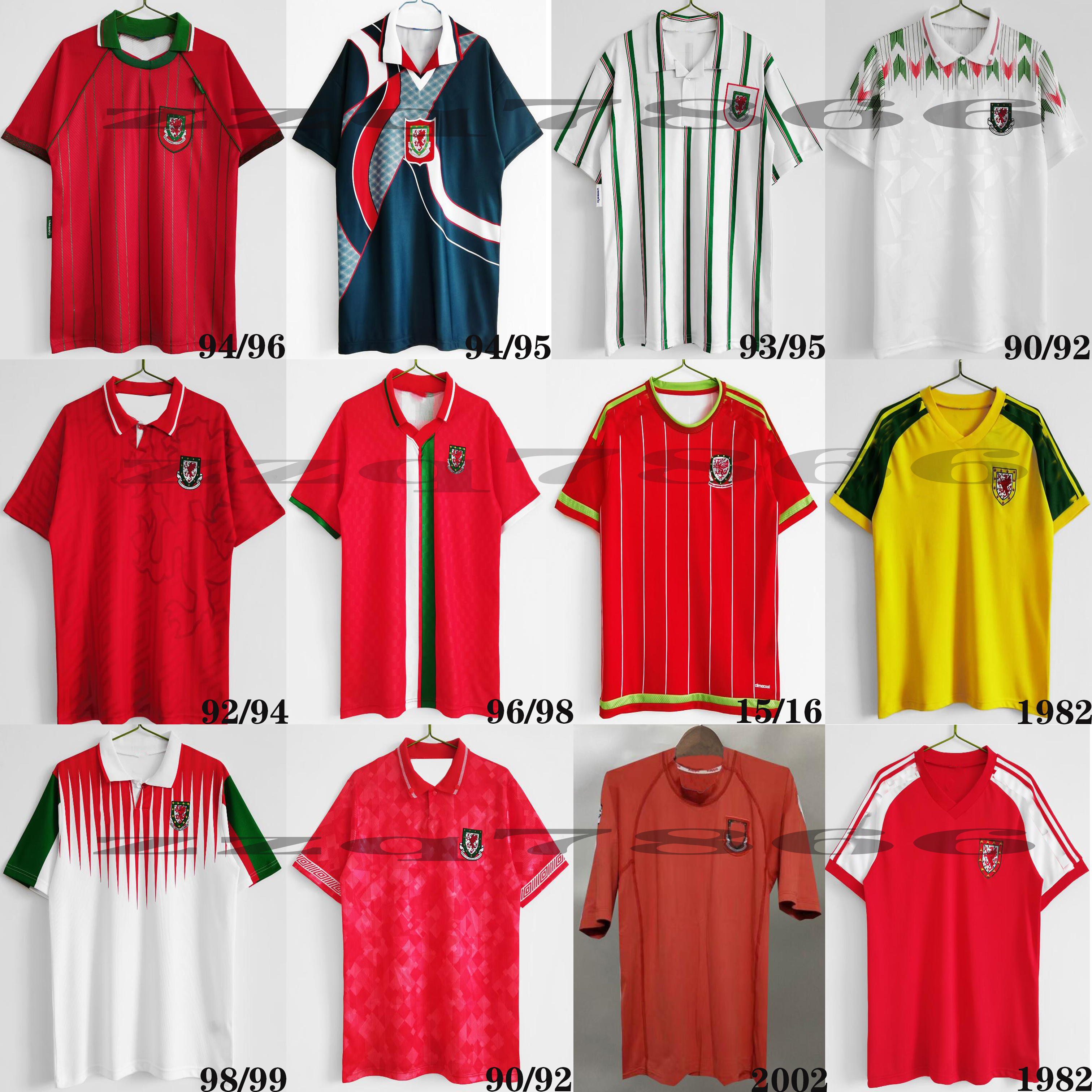 

1976 1983 1990 1993 Gales Wales retro soccer jersey 1992 1994 1995 1996 1998 Giggs Hughes HOME AWAY Saunders Rush Boden Speed vintage classic football shirt, Grey
