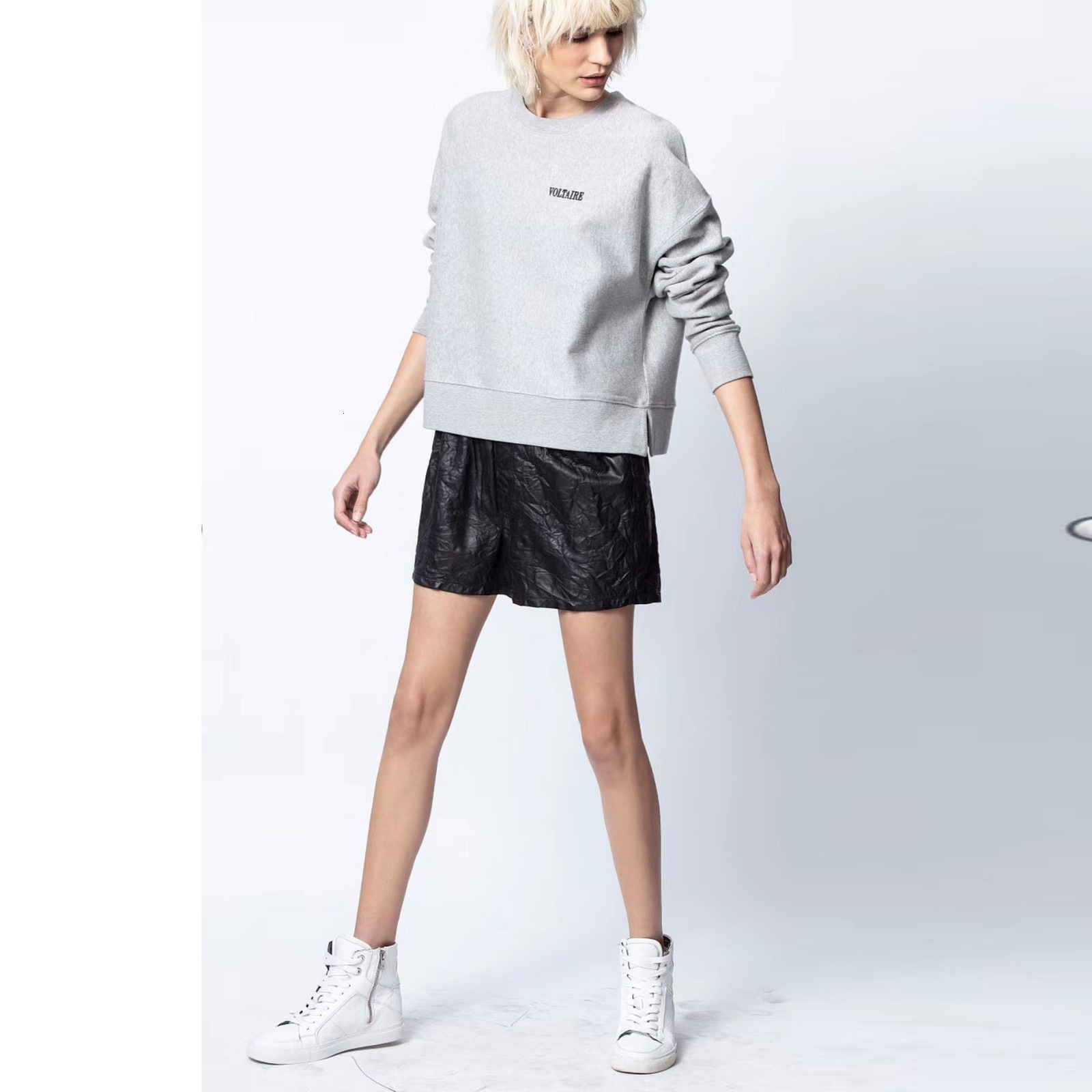 

Early autumn 2021 new French niche Zadig cotton round neck embroidery gray hem split women's sweater, Black