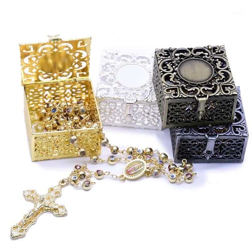 

Gift Wrap Rosary Bead Box Necklace Metal Christian Catholic Religious Jewelry Case Storage Hollow-out Exquisite Container